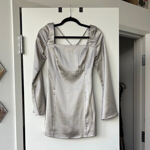 Chic Silver Satin Dress with Tie Back